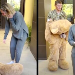 Woman is delivered giant bear clueless soldier husband is hiding inside it