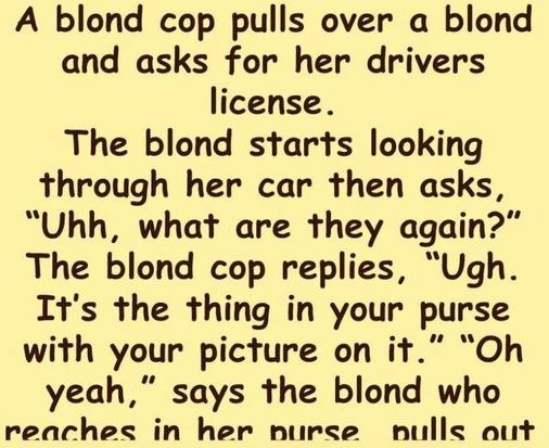 A blond cop pulls over a blond and asks for her drivers license.