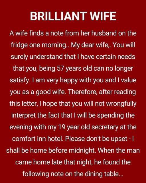 A wife finds a note from her husband